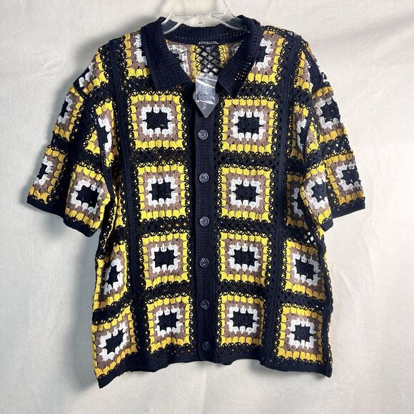 MORSECODE Knitted Granny Squares Short Sleeve Button Up Shirt Mens Large - Picture 1 of 8
